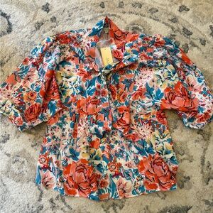 NWT Jade Blue and Pink Puff Short Sleeve Button Down Shirt Size M